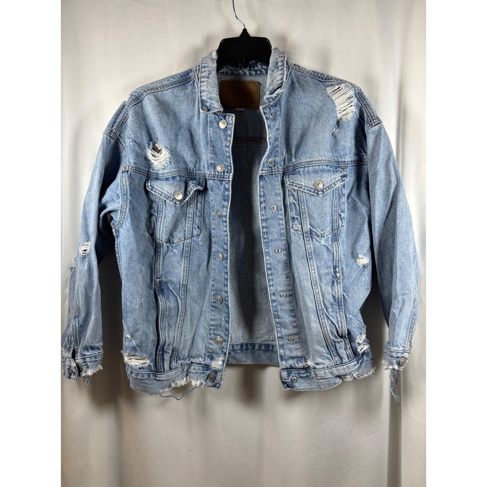 American Eagle Womens Distressed Denim Jacket Light Wash Blue Size S Oversized